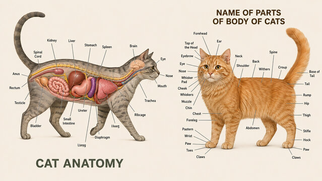 AI generated cat anatomy diagram showing internal organs labeled external body parts including brain heart lungs liver intestines spine paws tail whiskers for education