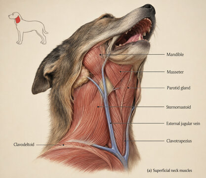 AI generated canine neck anatomy showing superficial muscles masseter parotid gland jugular vein mandible for veterinary education biology medical study