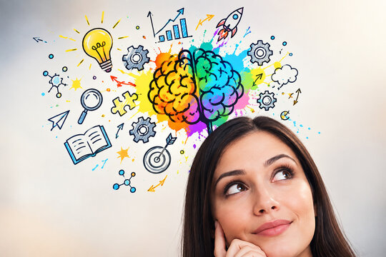 AI generated woman thinking colorful brain light bulb gears creative symbols representing brainstorming imagination innovation learning strategy problem solving