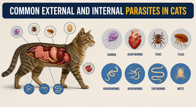 AI generated cat parasite infographic showing giardia heartworms ticks fleas roundworms hookworms tapeworms mites for veterinary health education scientific study