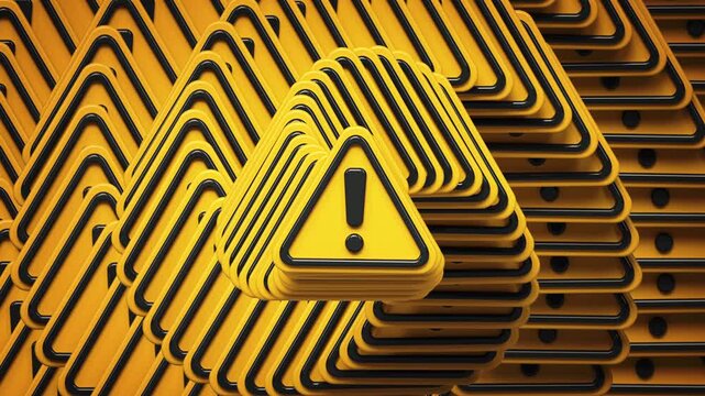 Cascade of yellow triangular warning signs. Concept of multiple problems, recurring alerts, escalating risks, system errors, caution and critical issues. 3D Render Animation