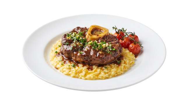 Osso buco with saffron risotto and gremolata, braised veal shank on yellow rice, gourmet Italian dinner with roasted tomatoes isolated PNG with Transparent Background