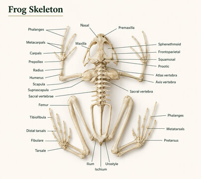 AI generated frog skeleton anatomy diagram showing skull spine limbs pelvis labeled bones for biology education zoology study scientific research anatomical learning