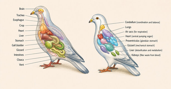 AI generated bird anatomy showing brain lungs air sacs heart liver crop stomach gizzard kidneys intestines cloaca for biology education veterinary science anatomical study