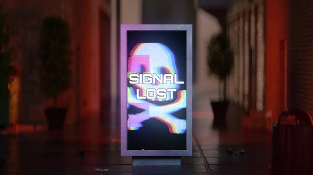 A vertical outdoor advertising kiosk on a city sidewalk at night displaying a chromatic aberration skull with text reading Signal Lost. 3D Render Loop Animation