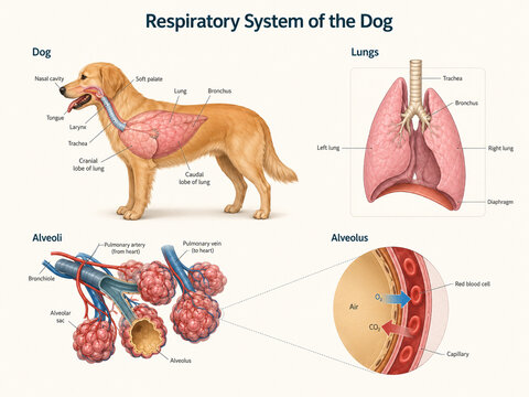 AI generated dog respiratory anatomy showing lungs trachea bronchi alveoli capillaries gas exchange for veterinary biology education scientific study