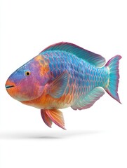 Fototapeta premium Vibrant Colorful Parrotfish Swimming Isolated On A Plain White Background