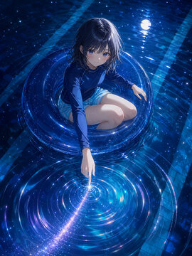Anime girl floating on a swim ring in a moonlit night pool, touching the starry water surface with glowing ripples，月明かりの夜のプールで浮き輪に乗り、星の輝く水面に触れる少女のアニメイラスト