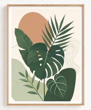 Modern abstract botanical wall art print with tropical green leaves and geometric shapes in wooden frame