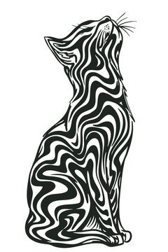 Stylized Cat Silhouette with Wavy Lines Pattern Looking Up. Black and White Abstract Tribal Kitten Vector Illustration