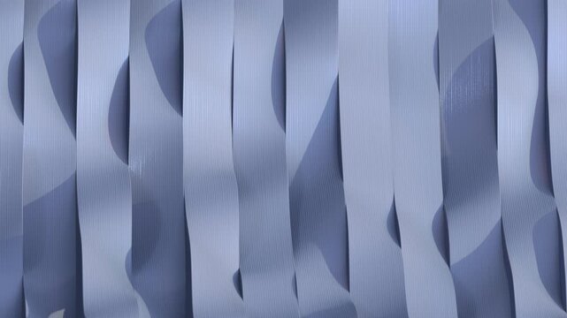 A minimalist vertical blue ribbons with soft wavy curves and fine linear textures creating geometric shadows. 3D Render Seamless Loop Animation