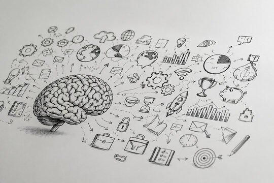 AI generated brain surrounded by business technology education creativity doodles representing brainstorming ideas innovation strategy planning problem solving