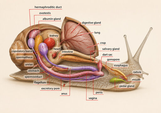 AI generated snail anatomy showing digestive reproductive respiratory excretory organs including ovotestis lung kidney heart intestine radula for biology education