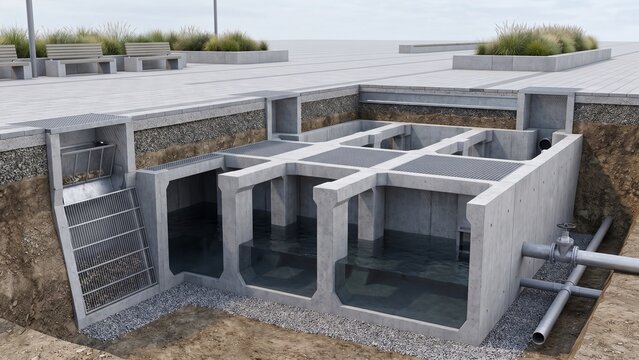 Underground stormwater detention tank below a public plaza