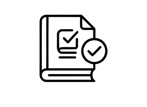 Minimalist vector line art icon of closed book with checkmark badge for certified business terms