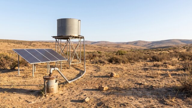 Solar powered borehole pump supplying a rural water tank