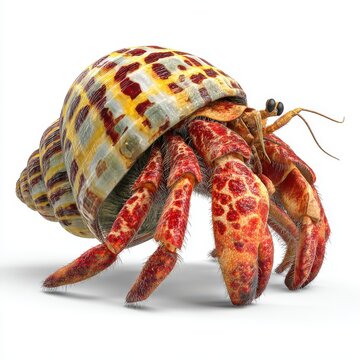 Vibrant Red Spotted Hermit Crab With Patterned Shell Isolated On White Studio Background
