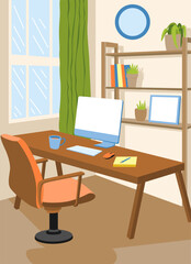 Fototapeta premium Home Office Workspace with Computer and Bookshelf Illustration