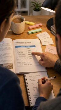Tutor pointing at verb conjugation chart in textbook