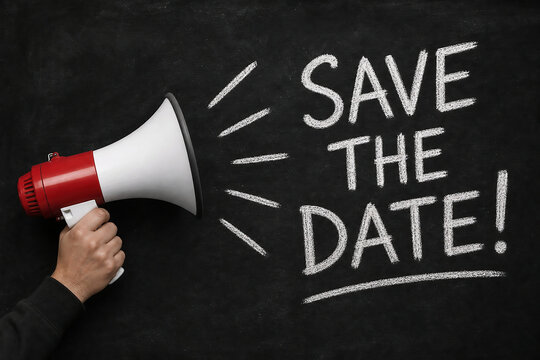 Hand holding red and white megaphone with save the date chalk text on blackboard