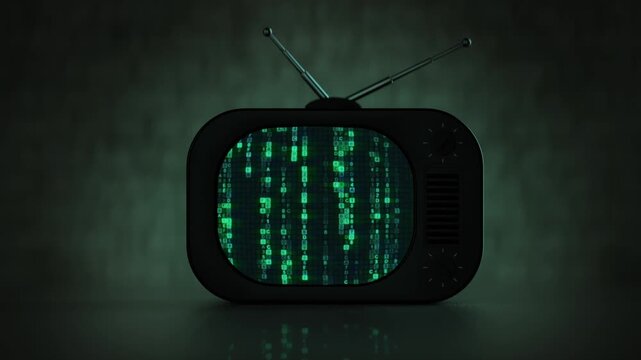 3D render loop animation of a vintage CRT television displaying cascading green digital code. Retro electronics meet cyberpunk aesthetics, creating a nostalgic visualization of computing and data