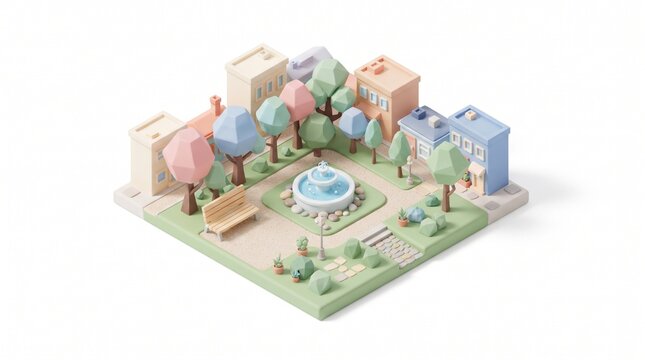 Isometric low poly city park, miniature 3d urban garden with fountain and trees, pastel colored toy town landscape on white background