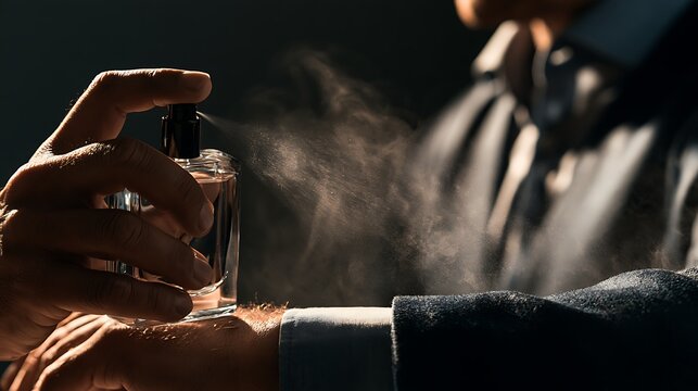 Man spraying perfume on his wrist close up