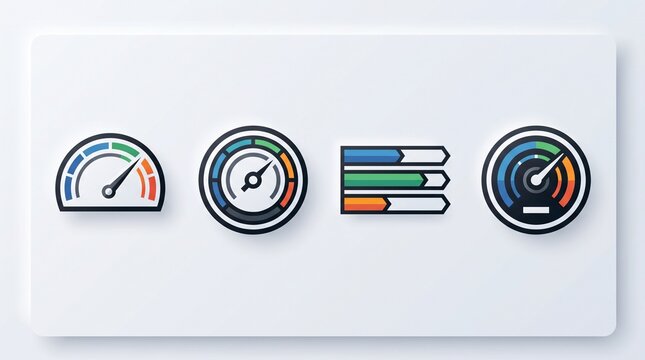 Set of performance indicator vector icons with speedometers and progress bars for business data.