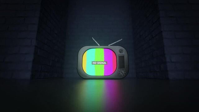 Old TV showing generic custom-designed test grid with No Signal message. 3D Render Seamless Loop Animation
