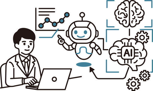 Illustrations featuring a man with AI, robots, computers, business concepts, artificial intelligence, and chat.