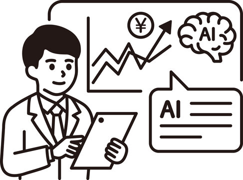 AI business illustration: man, tablet, graph, sales forecast, investment, artificial intelligence, presentation, seminar, stock image.