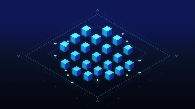 Animated abstract geometric shapes, cubes and square profile in chaotic departure loop, blue digital background