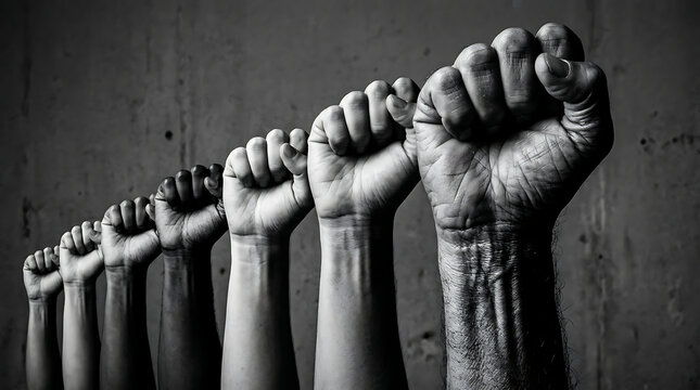 Group of raised fists in solidarity and protest