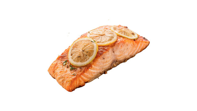 Grilled salmon fish steak fillet with lemon isolated on transparent background for seafood restaurant fine dining menu.