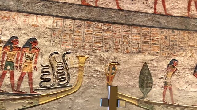 Ancient Egyptian wall paintings of deities and solar barque in Luxor tomb.