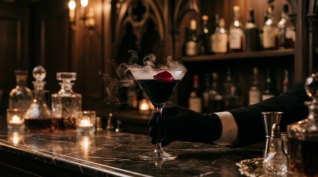 Sophisticated bartender serving dark cocktail in moody speakeasy bar setting.