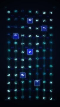 Looping 3d animation of glowing blue digital numbers and letters appearing and disappearing on a dark grid, technology data concept