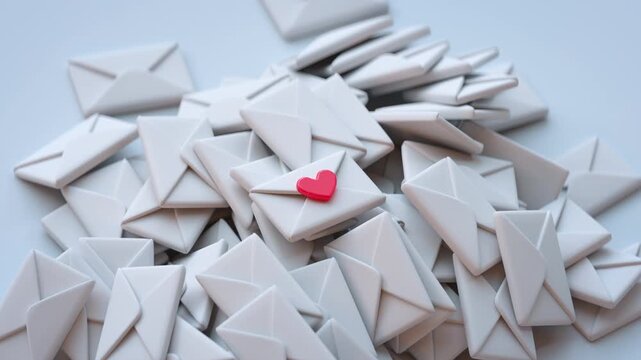 Pile of white email envelopes with one highlighted by a red heart. Concept of love messages, romantic communication, special correspondence and online dating. 3D Render Animation