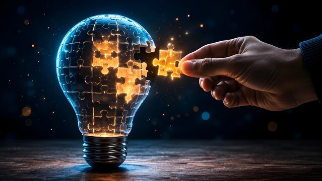 Hand placing the final glowing puzzle piece into a glass lightbulb representing creative problem solving and finalizing innovative business ideas