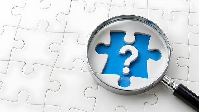 Magnifying glass focusing on a missing puzzle piece with a question mark representing business investigation problem solving and searching for answers