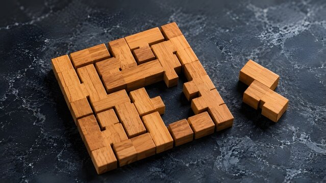 Wooden block puzzle with one final missing piece on a dark marble surface representing logic problem solving and completing a business project
