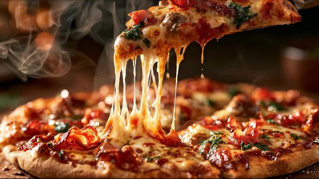 Hot melted cheese pulling up from fresh baked pizza slice