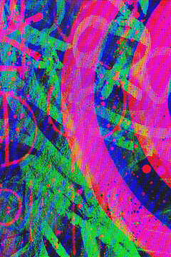 Abstract magenta and green halftone background with vertical graffiti curves and dense blue dot pattern textures. Anchors a poster, a Y2K nightclub and rave design with expressive street art energy.