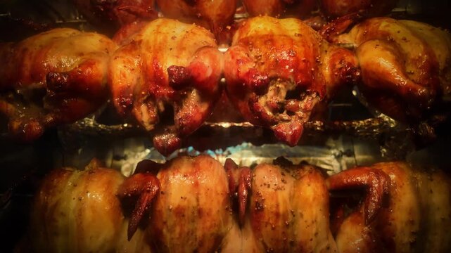 Horizontal 4K slow motion footage of multiple chickens rotating in a hot rotisserie oven, showing perfectly cooked meat with oil slowly dripping.