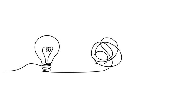 Continuous line drawing of a light bulb transforming into a simple circle 4k video