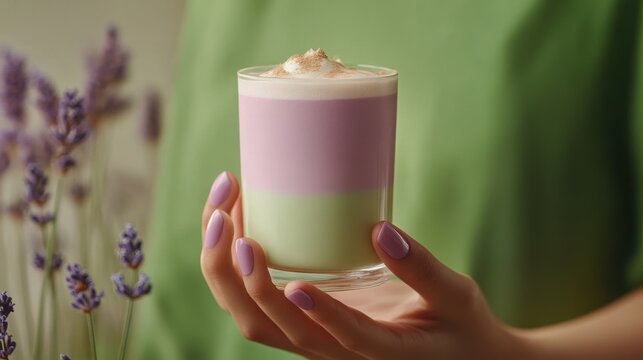 Ube and Matcha drink on white background,Iced Ube Latte,and matcha latte,PopularTrendy Purple Coffee Shop,plant based recipes,superfood,menu and banner,Healthy and wellness concept.