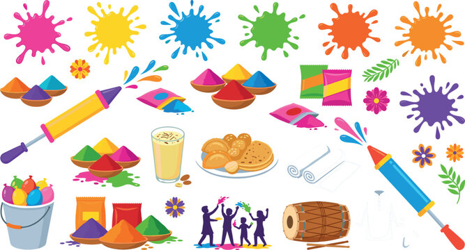 Holi Festival Element Vector Icon Set with Colorful Powder Gulal Water Guns Splashes Balloons Sweet Gujiya and Thandai for Indian Spring Holiday Designs