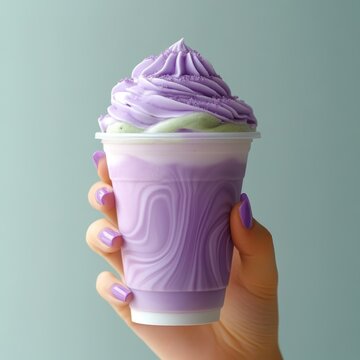 Ube and Matcha drink on white background,Iced Ube Latte,and matcha latte,PopularTrendy Purple Coffee Shop,plant based recipes,superfood,menu and banner,Healthy and wellness concept.