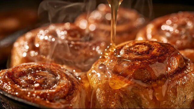 Dripping sweet syrup honey glaze over warm cinnamon rolls