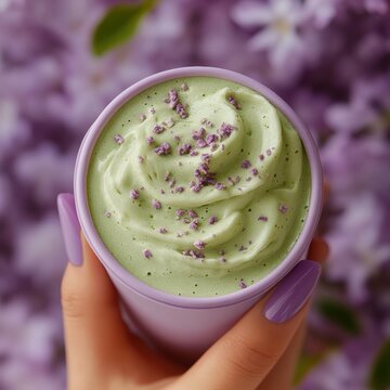 Ube and Matcha drink on white background,Iced Ube Latte,and matcha latte,PopularTrendy Purple Coffee Shop,plant based recipes,superfood,menu and banner,Healthy and wellness concept.